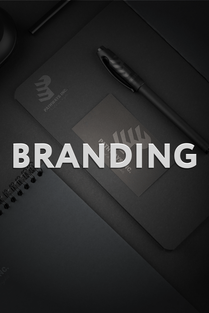 Image of a layout of different branded materials for Pathways with the text Branding in the foreground