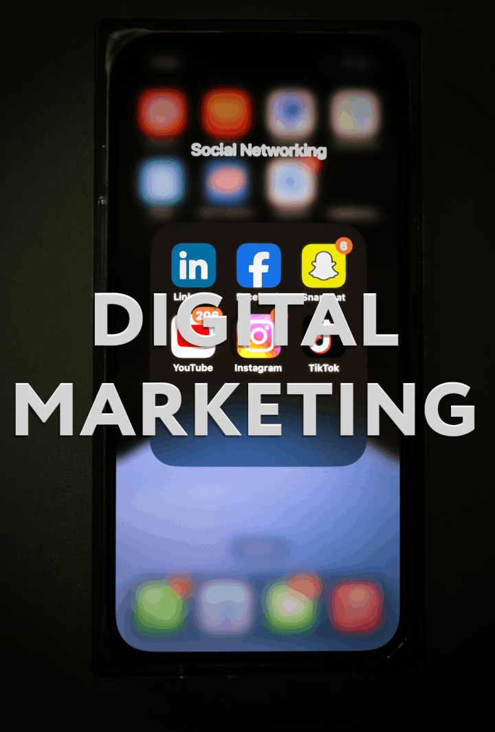 Image of different social media platforms on a home screen that use marketing, with the text Digital Marketing in the foreground