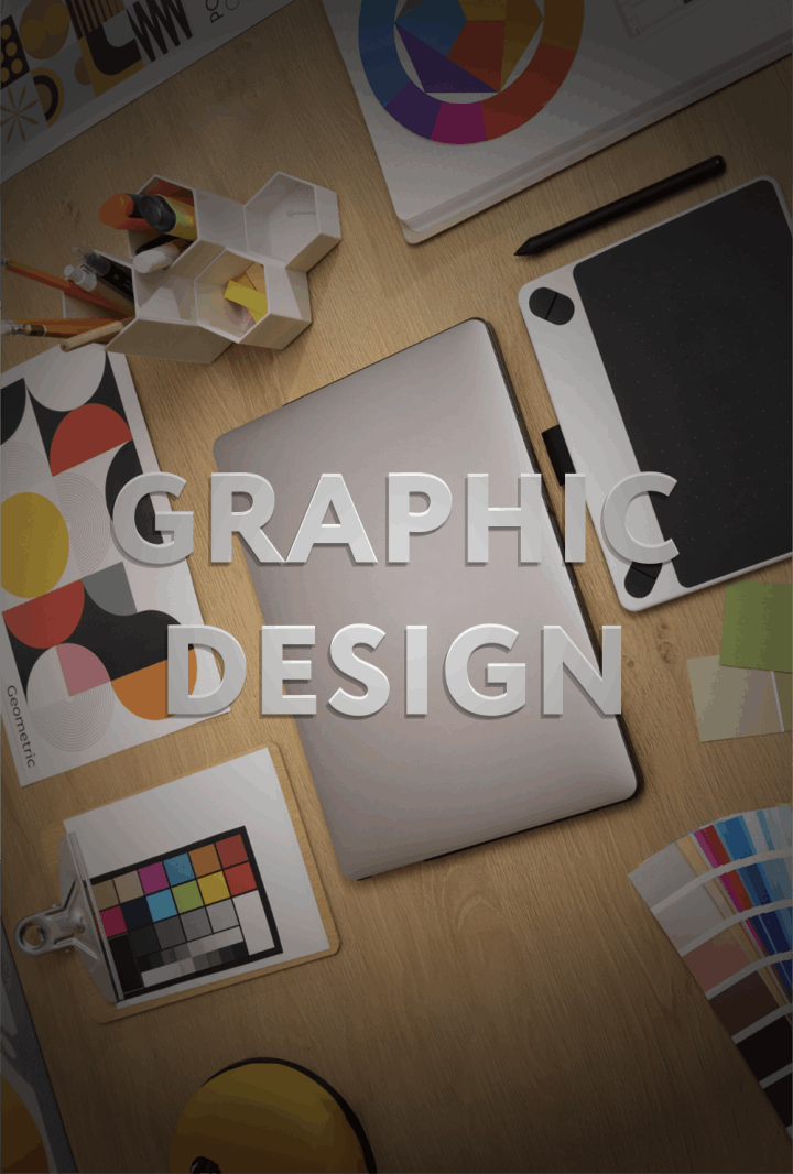 Image of devices and tools to design with and the text Graphic Design in the foreground