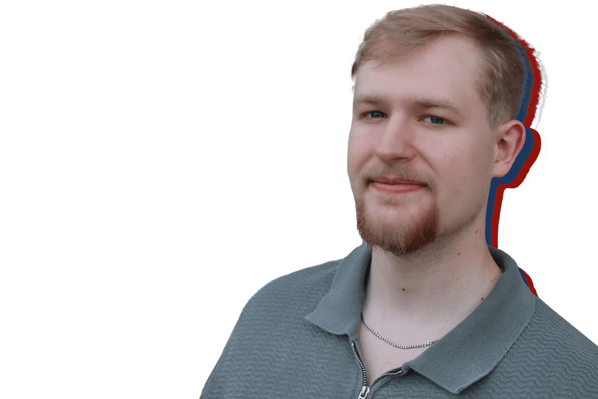 Headshot of the owner of Bison Promotions & Marketing. The graphic has the logo to the top left, with Owner/Creative underneath.