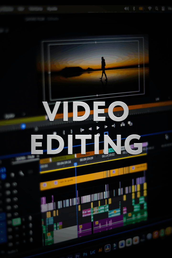 Image of me editing video in Premiere Pro with the text Video Editing in the foreground